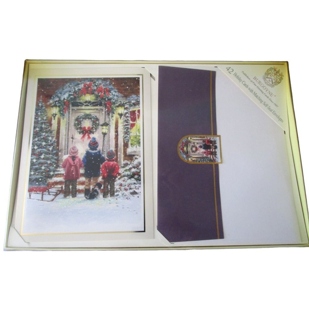 Caroling Children Dog Christmas Cards Fancy No Lick Envelopes 42 New Damage Box